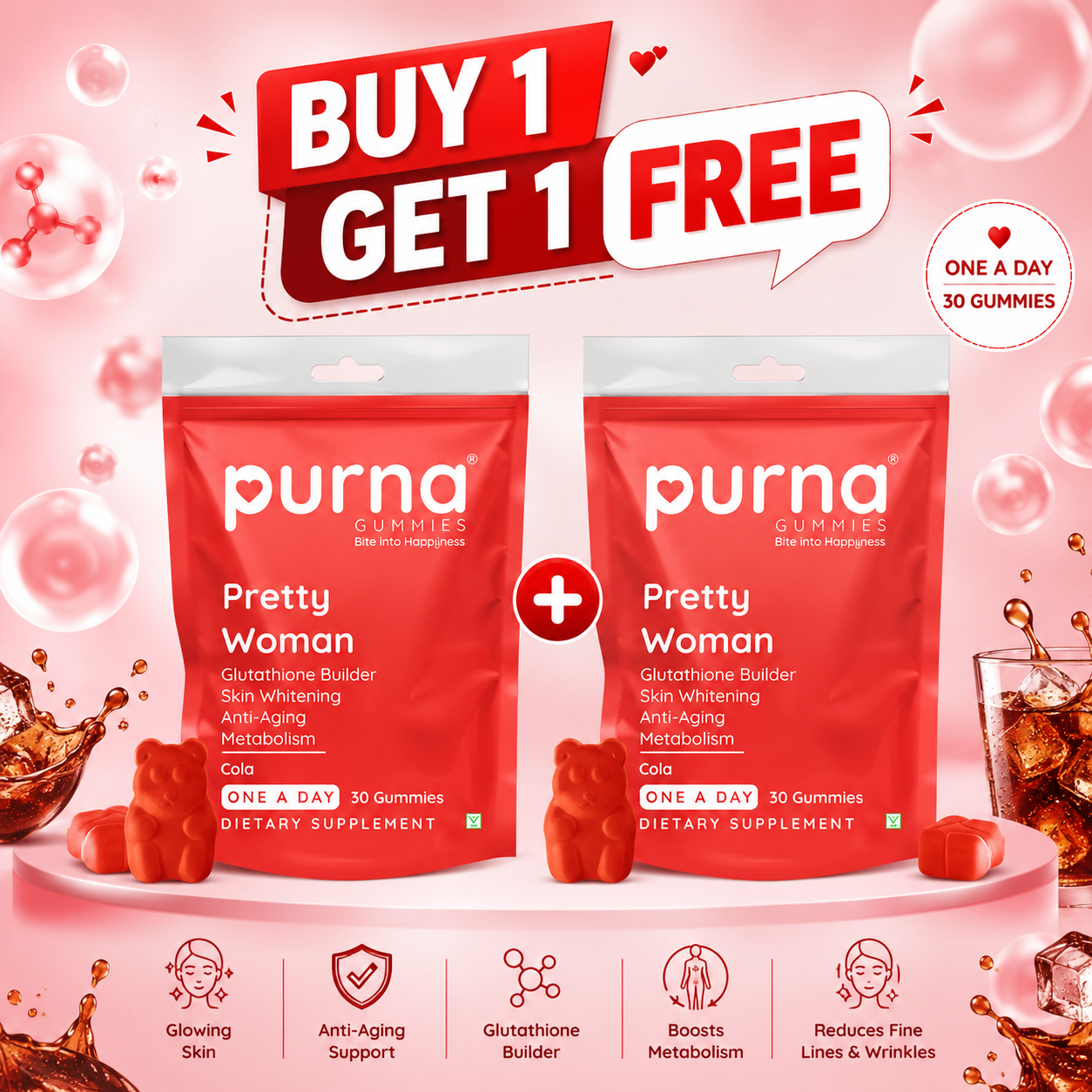 Buy 1 Get 1 Purna Glutathione Gummies – Cola Flavor