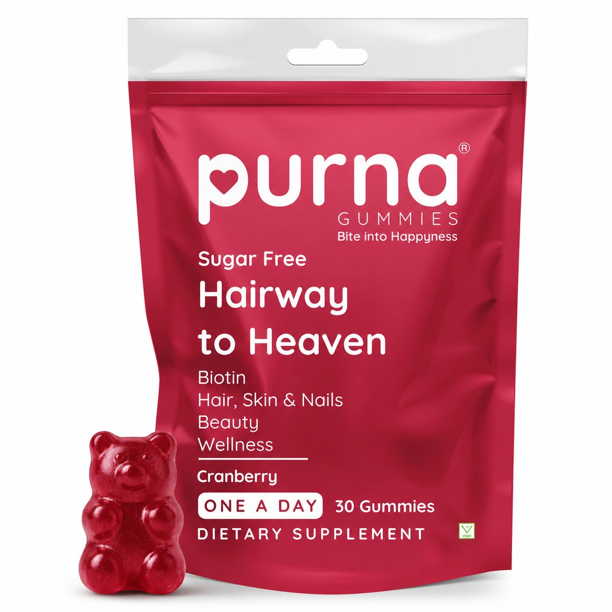 Buy 1 Get 1 Purna Hairway to Heaven Sugar Free Biotin Gummies - Cranberry Flavor | Hair, Skin & Nails Support | 30 Vegan Gummies