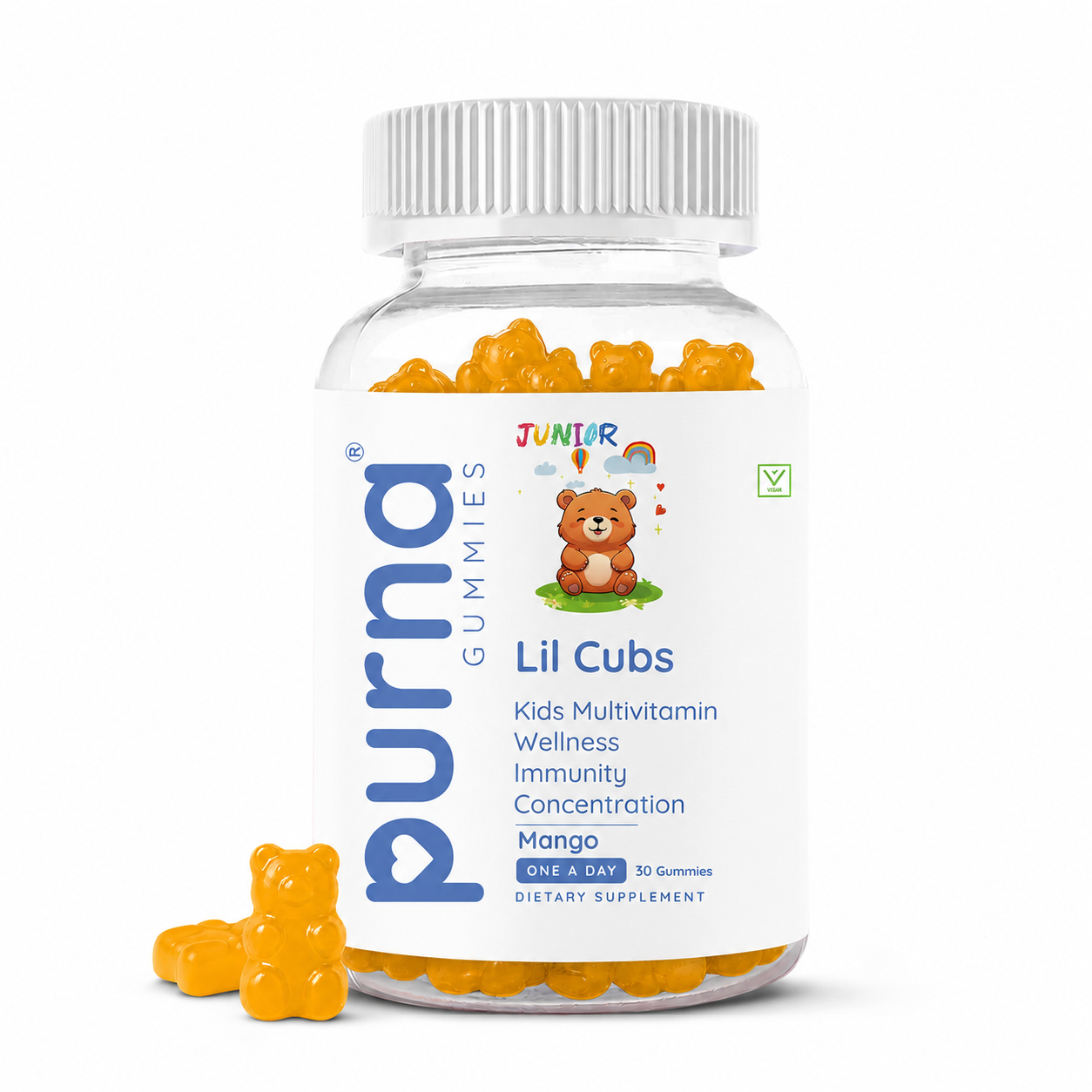Buy 1 Get 1 Purna Junior Lil Cubs Multivitamin Gummies - Mango Flavor | Kids Multivitamin for Wellness, Immunity & Concentration | 30 Vegan Gummies