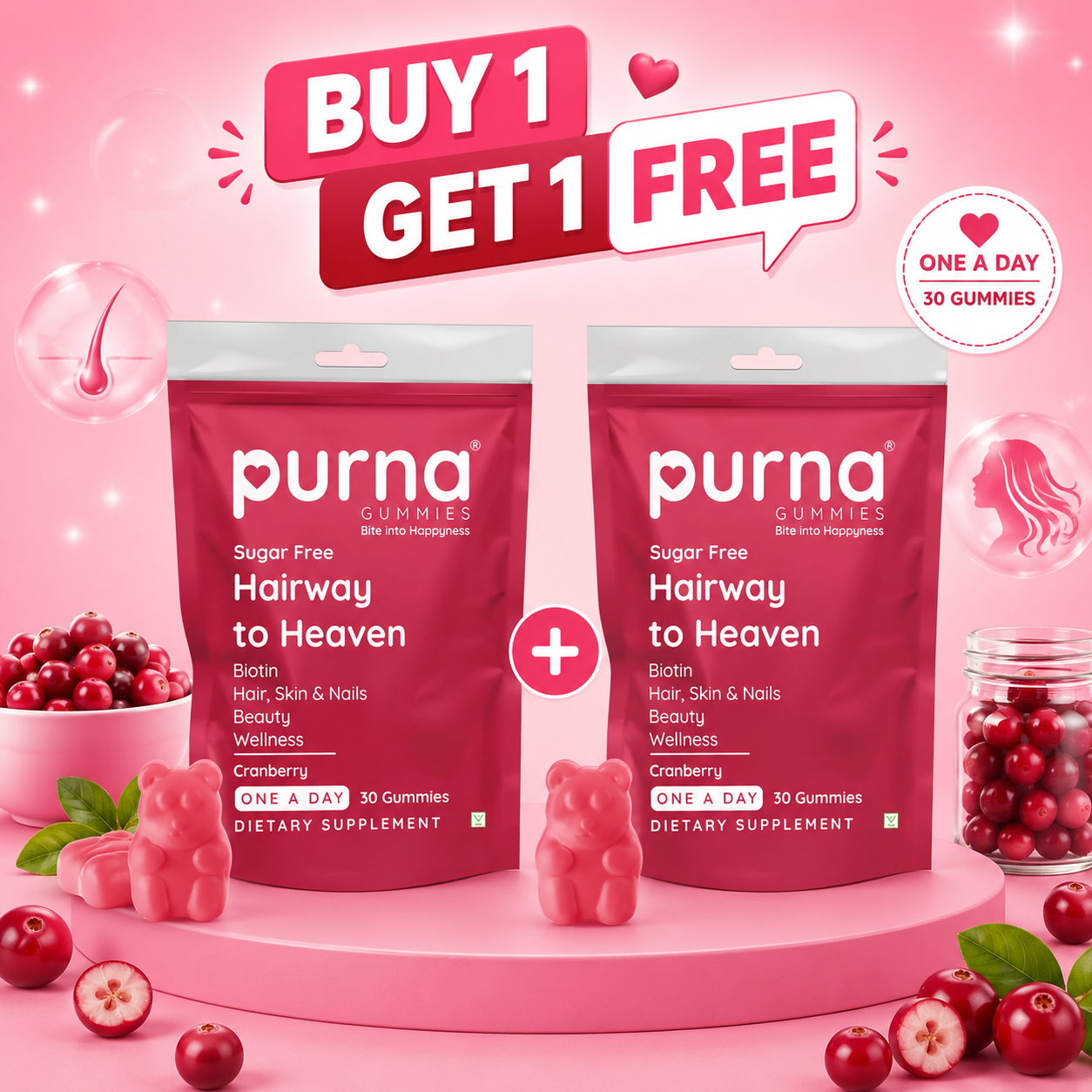 Buy 1 Get 1 Purna Hairway to Heaven Sugar Free Biotin Gummies - Cranberry Flavor | Hair, Skin & Nails Support | 30 Vegan Gummies