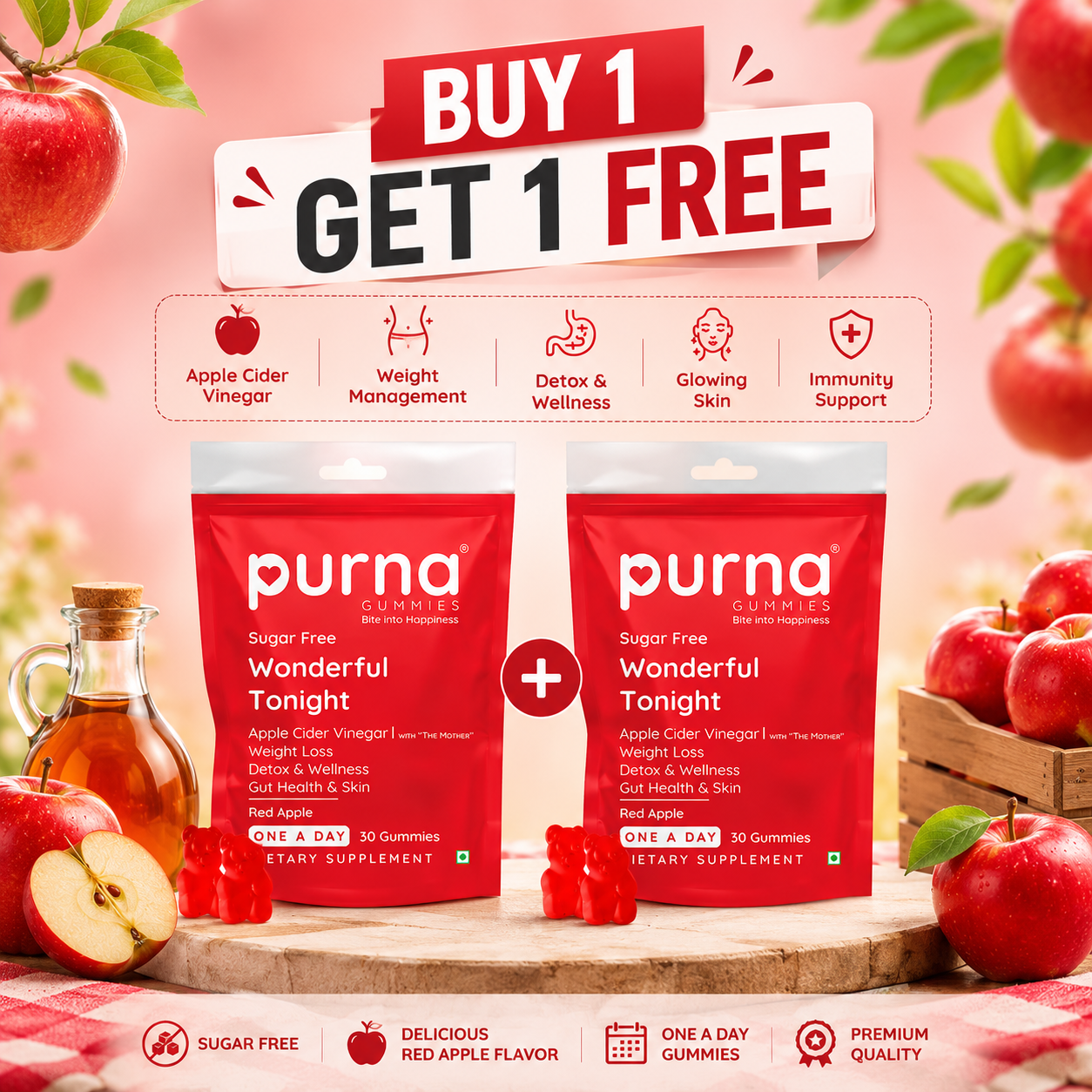 Buy 1 Get 1 Purna Apple Cider Vinegar Sugar Free Gummies - Red Apple Flavor | with The Mother for Weight Loss, Detox & Gut Health | 30 Vegan Gummies