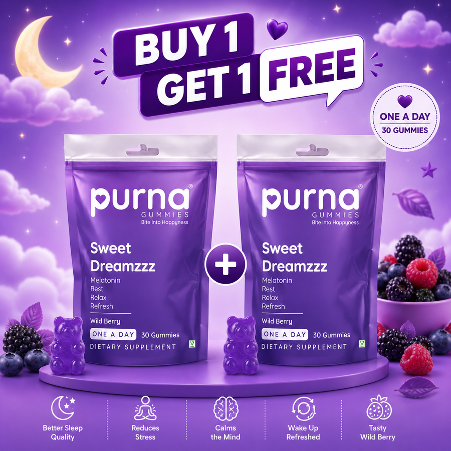 Buy 1 Get 1 Purna Sweet Dreamzzz Melatonin Gummies - Wild Berry Flavor | Rest, Relax & Refresh Support | 30 Vegan Gummies