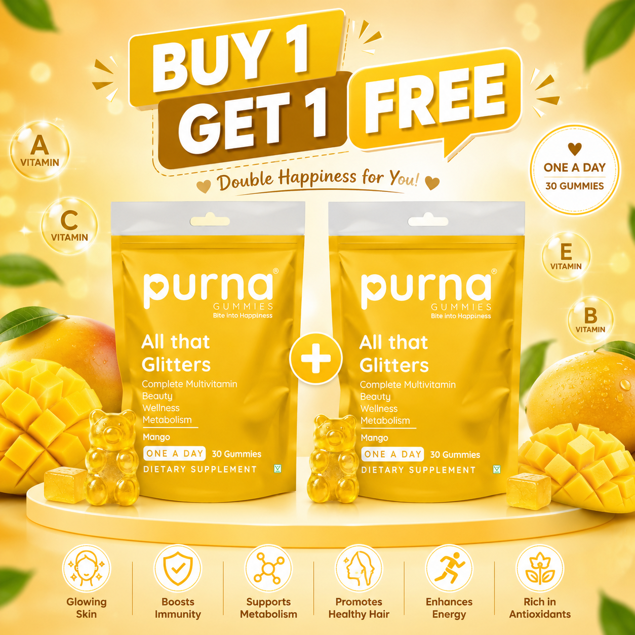 Buy 1 Get 1 Purna All that Glitters Multivitamin Gummies - Mango Flavor | Complete Multivitamin for Beauty, Wellness & Metabolism | 30 Vegan Gummies