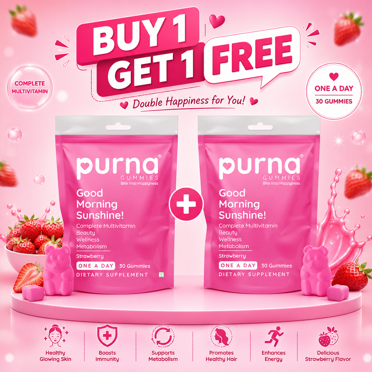 Buy 1 Get 1 Purna Good Morning Sunshine! Multivitamin Gummies - Strawberry Flavor | Complete Multivitamin for Beauty, Wellness & Metabolism | 30 Vegan Gummies