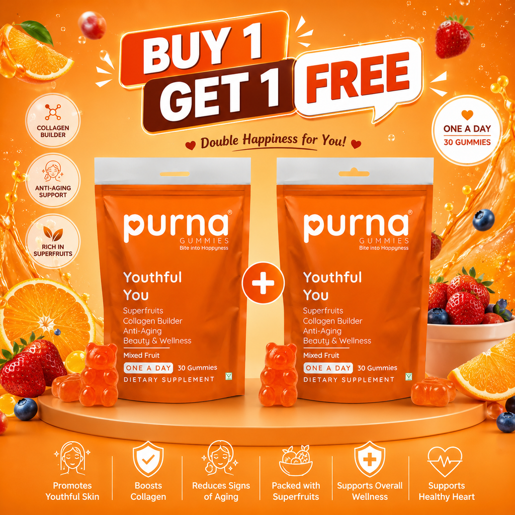 Buy 1 Get 1 Purna Youthful You Collagen Gummies - Mixed Fruit Flavor | Superfruits Collagen Builder for Anti-Aging, Beauty & Wellness | 30 Vegan Gummies