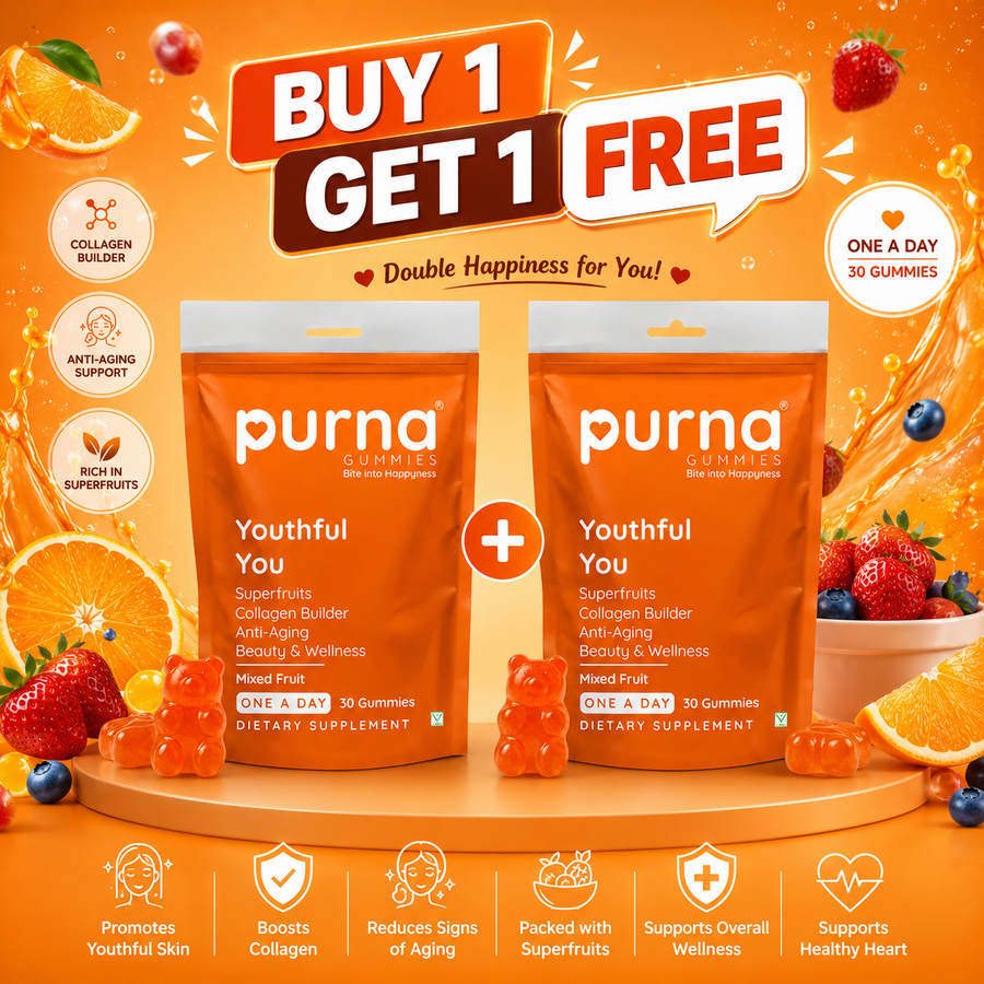 Buy 1 Get 1 Purna Youthful You Collagen Gummies - Mixed Fruit Flavor | Superfruits Collagen Builder for Anti-Aging, Beauty & Wellness | 30 Vegan Gummies