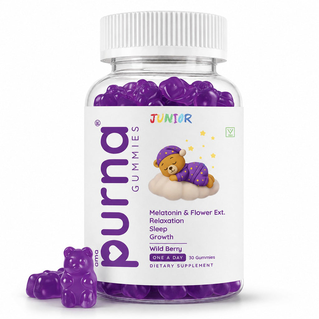 Buy 1 Get 1 Purna Junior Melatonin Gummies - Wild Berry Flavor | Melatonin & Flower Extract for Kids Sleep, Relaxation & Growth | 60 Vegan Gummies