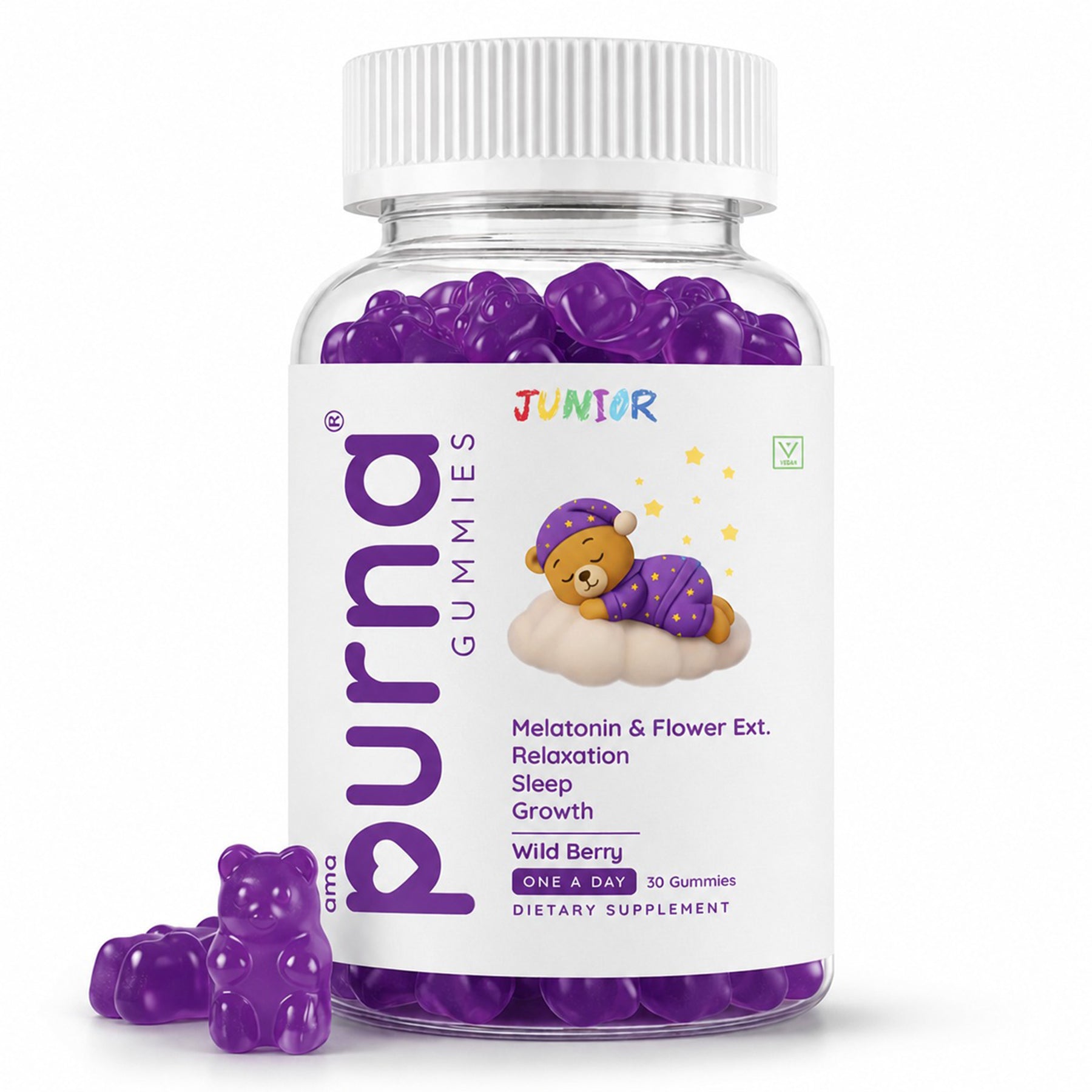 Buy 1 Get 1 Purna Junior Melatonin Gummies - Wild Berry Flavor | Melatonin & Flower Extract for Kids Sleep, Relaxation & Growth | 60 Vegan Gummies