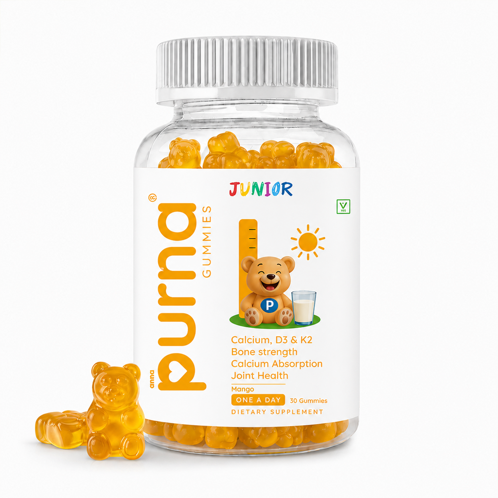 Buy 1 Get 1 Purna Junior Calcium Gummies - Mango Flavor | Calcium with Vitamin D3 & K2 for Kids Bone Strength, Growth & Joint Health | 60 Vegan Gummies