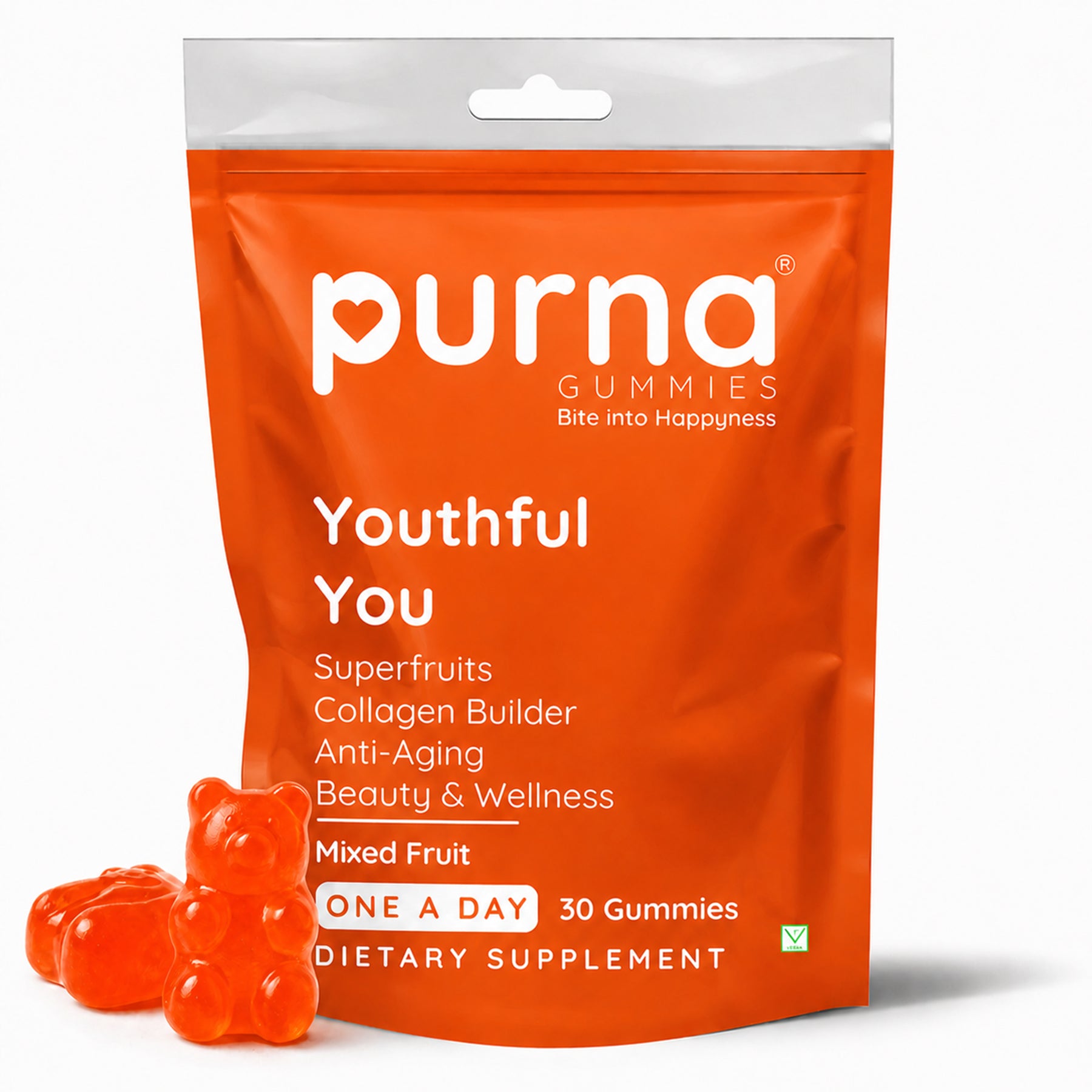 Buy 1 Get 1 Purna Youthful You Collagen Gummies - Mixed Fruit Flavor | Superfruits Collagen Builder for Anti-Aging, Beauty & Wellness | 30 Vegan Gummies