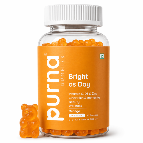 Buy 1 Get 1 Purna Bright as Day Vitamin C Gummies - Orange Flavor | Vitamin C, D3 & Zinc for Clear Skin & Immunity | 30 Vegan Gummies