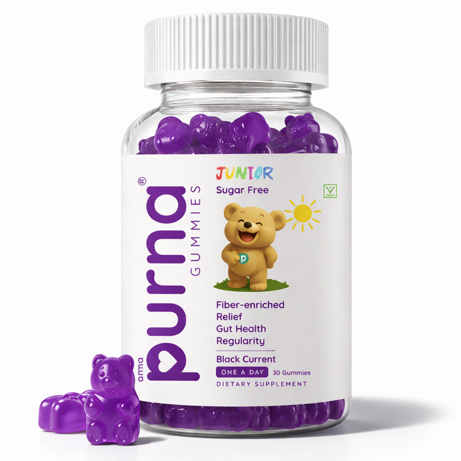 Buy 1 Get 1 Purna Junior Fiber Gummies - Black Currant Flavor | Sugar-Free, Fiber-Enriched for Kids Gut Health, Relief & Regularity | 60 Vegan Gummies