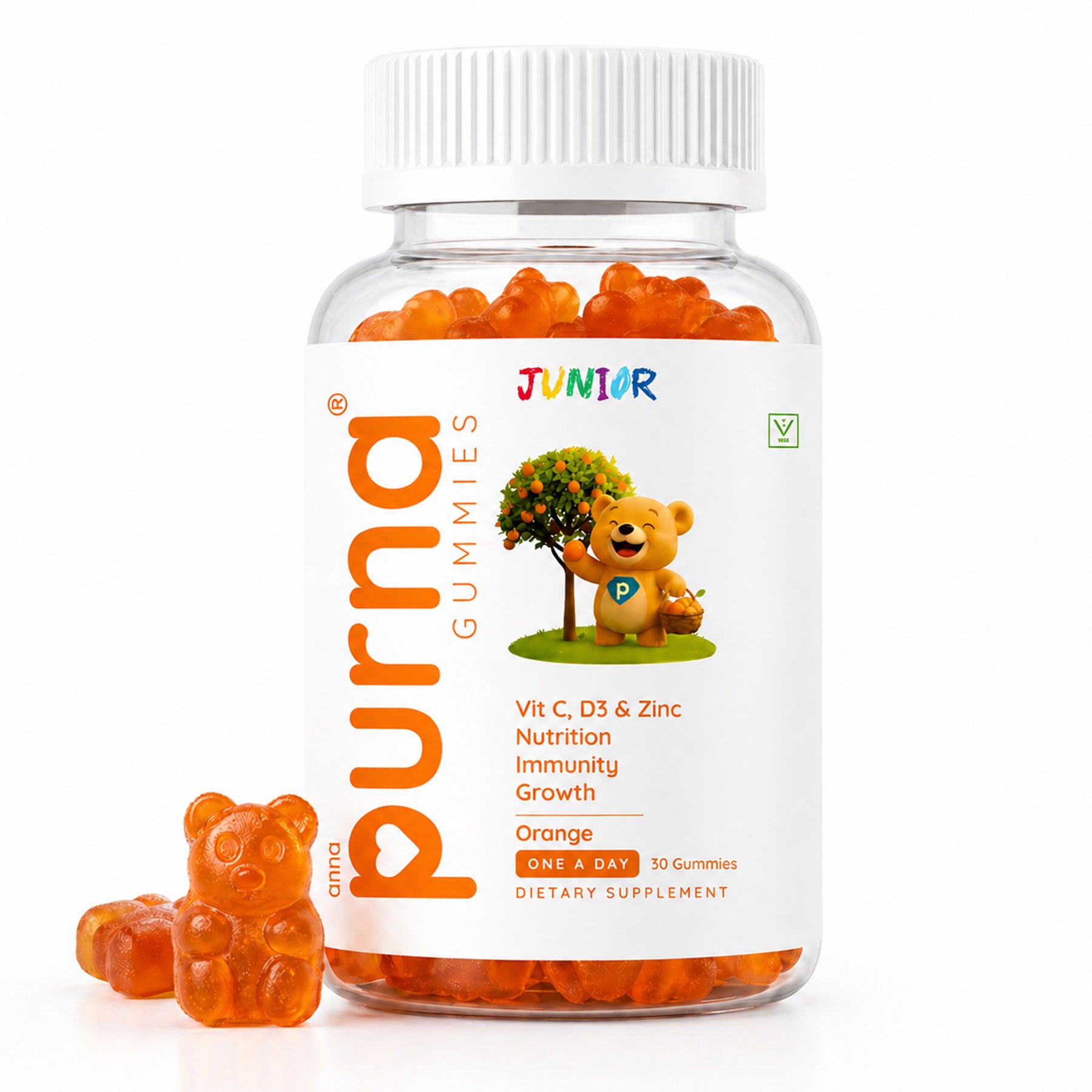 Buy 1 Get 1 Purna Junior Immunity Gummies - Orange Flavor | Vitamin C, D3 & Zinc for Kids Nutrition, Immunity & Growth | 60 Vegan Gummies