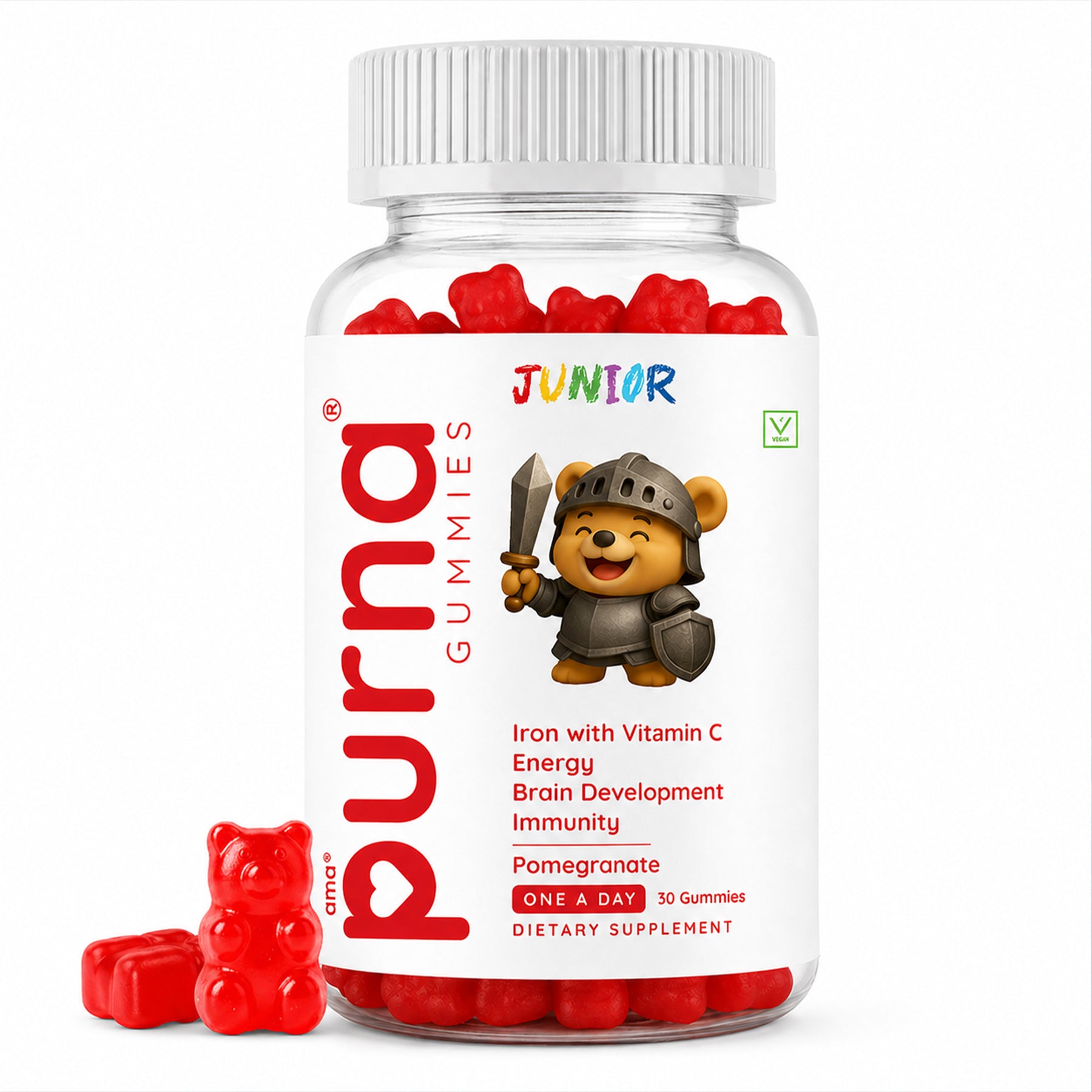 Buy 1 Get 1 Purna Junior Iron Gummies - Pomegranate Flavor | Iron with Vitamin C for Kids Energy, Brain Development & Immunity | 60 Vegan Gummies