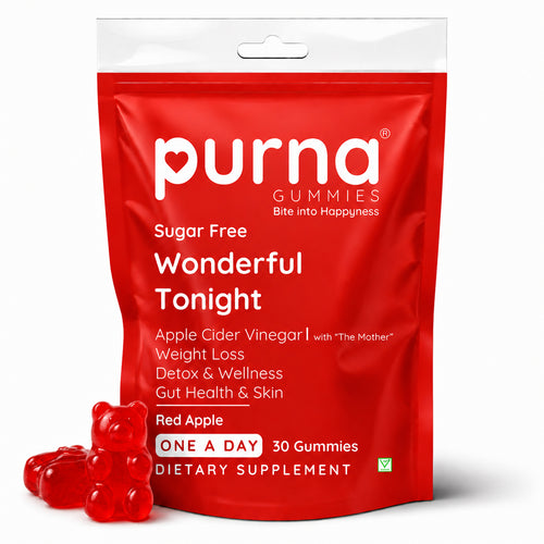 Buy 1 Get 1 Purna Apple Cider Vinegar Sugar Free Gummies - Red Apple Flavor | with The Mother for Weight Loss, Detox & Gut Health | 30 Vegan Gummies