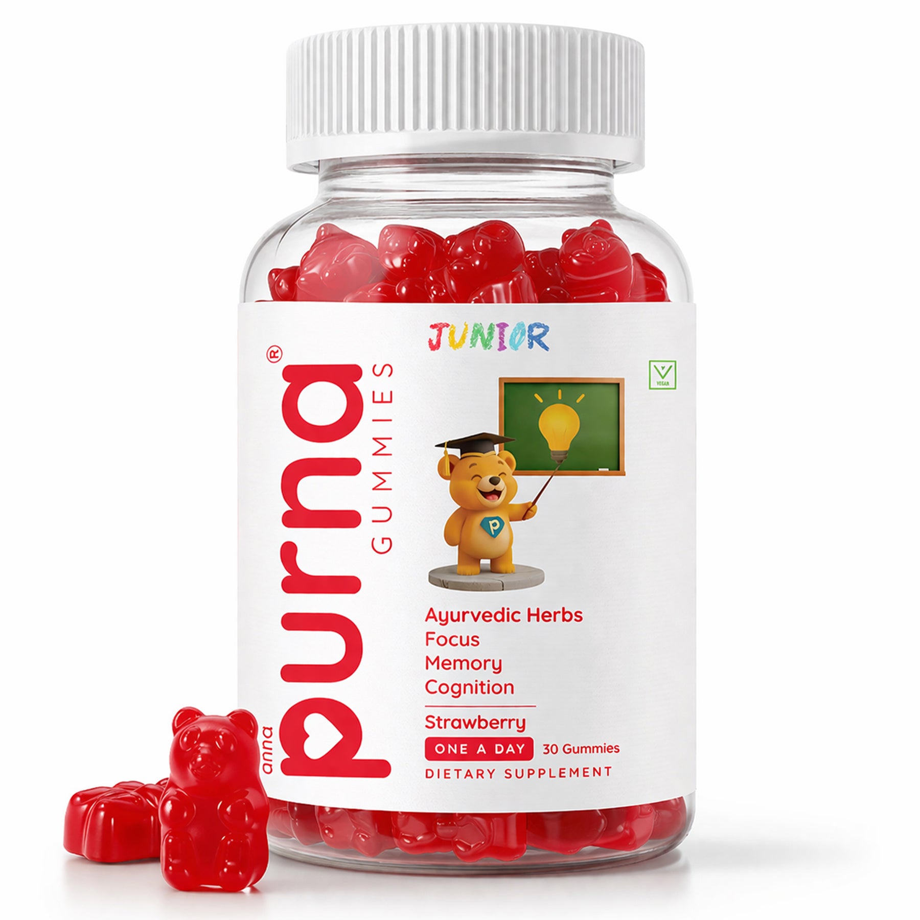 Buy 1 Get 1 Purna Junior Brain Booster Gummies - Strawberry Flavor | Ayurvedic Herbs for Kids Focus, Memory & Cognition | 60 Vegan Gummies