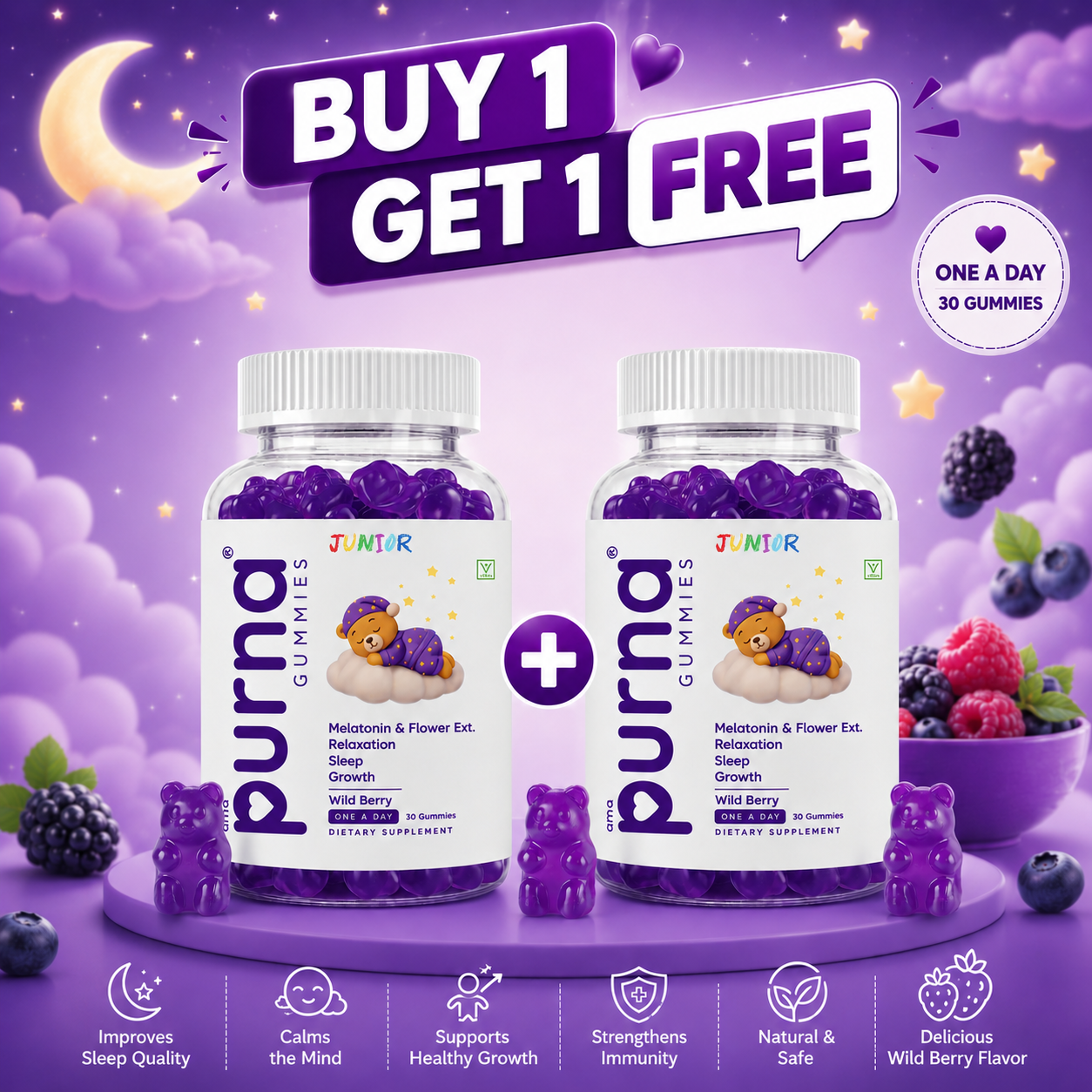 Buy 1 Get 1 Purna Junior Melatonin Gummies - Wild Berry Flavor | Melatonin & Flower Extract for Kids Sleep, Relaxation & Growth | 60 Vegan Gummies