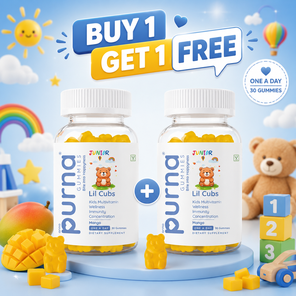 Buy 1 Get 1 Purna Junior Lil Cubs Multivitamin Gummies - Mango Flavor | Kids Multivitamin for Wellness, Immunity & Concentration | 30 Vegan Gummies