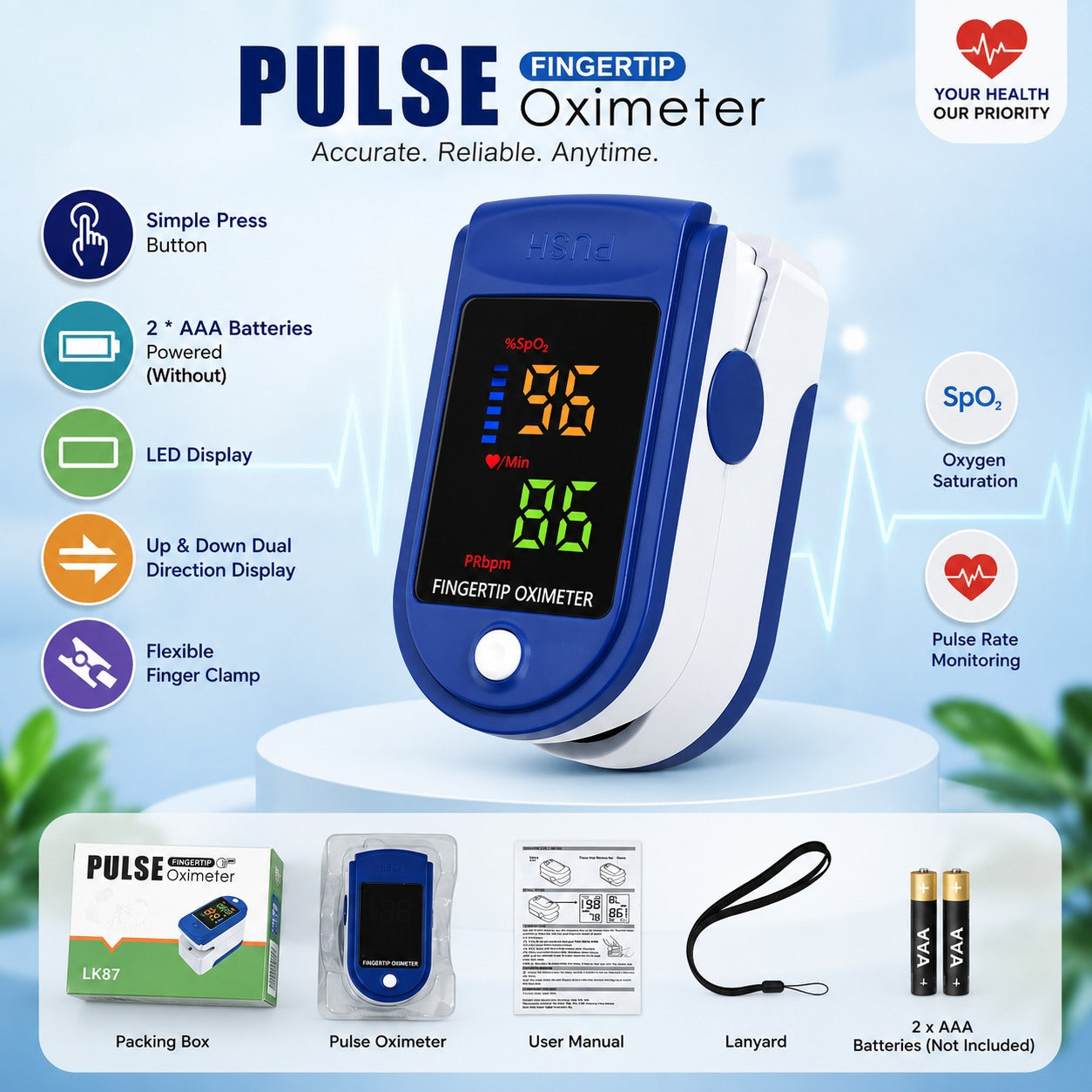 Fingertip Pulse Oximeter – SpO₂ Oxygen Saturation & Pulse Rate Monitor with LED Display