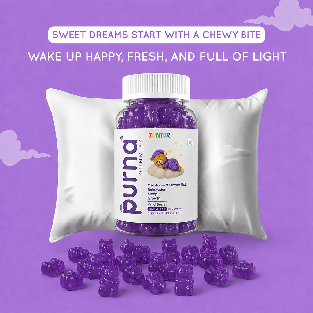 Buy 1 Get 1 Purna Junior Melatonin Gummies - Wild Berry Flavor | Melatonin & Flower Extract for Kids Sleep, Relaxation & Growth | 60 Vegan Gummies