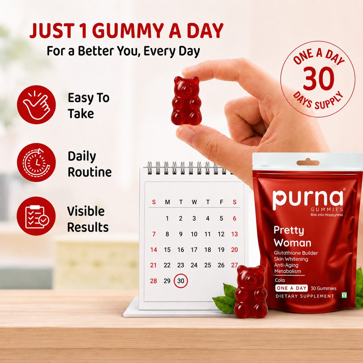 Buy 1 Get 1 Purna Pretty Woman Glutathione Gummies - Cola Flavor | Skin Whitening, Anti-Aging & Metabolism Support | 30 Vegan Gummies