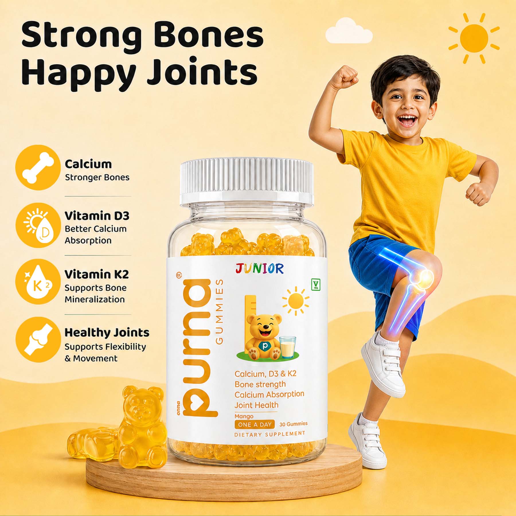 Buy 1 Get 1 Purna Junior Calcium Gummies - Mango Flavor | Calcium with Vitamin D3 & K2 for Kids Bone Strength, Growth & Joint Health | 60 Vegan Gummies