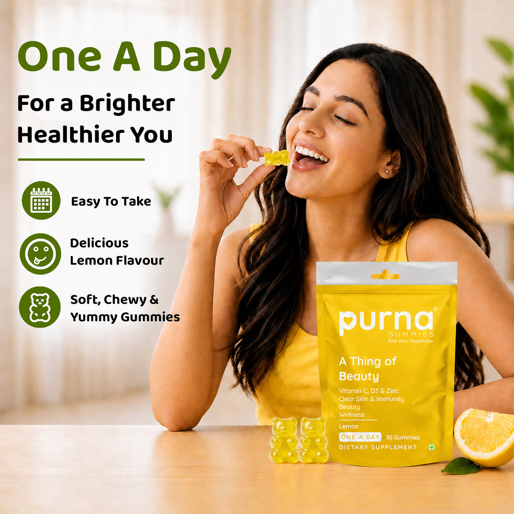 Buy 1 Get 1 Purna A Thing of Beauty Vitamin C Gummies - Lemon Flavor | Vitamin C, D3 & Zinc for Clear Skin & Immunity | 30 Vegan Gummies