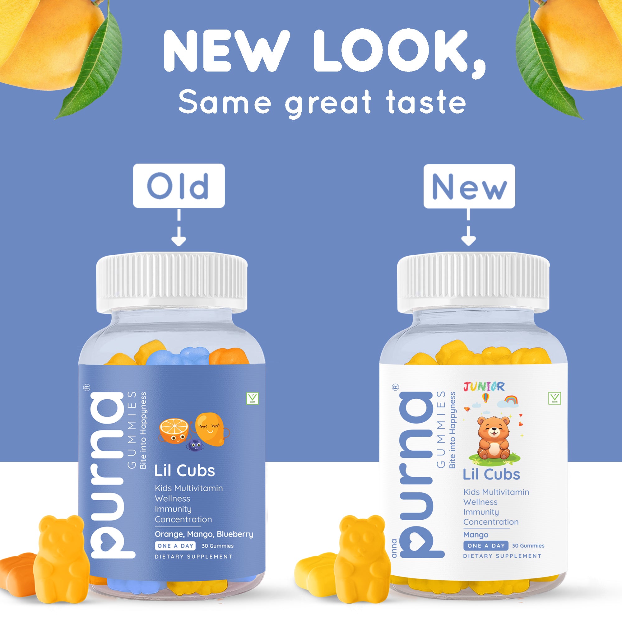 Buy 1 Get 1 Purna Junior Lil Cubs Multivitamin Gummies - Mango Flavor | Kids Multivitamin for Wellness, Immunity & Concentration | 30 Vegan Gummies