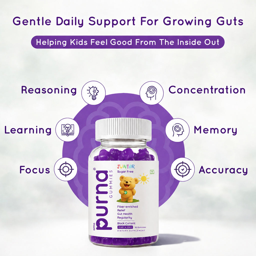 Buy 1 Get 1 Purna Junior Fiber Gummies - Black Currant Flavor | Sugar-Free, Fiber-Enriched for Kids Gut Health, Relief & Regularity | 60 Vegan Gummies