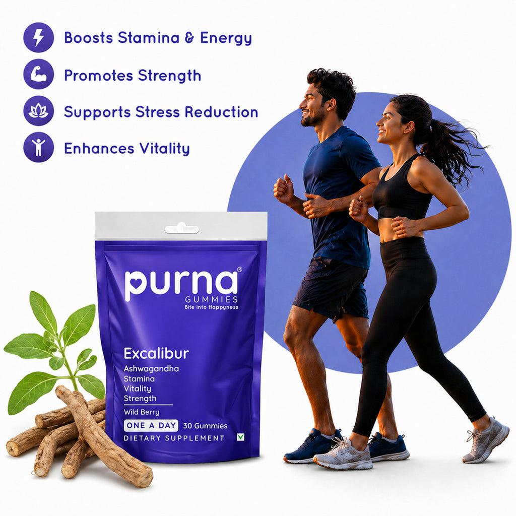 Buy 1 Get 1 Purna Excalibur Ashwagandha Gummies - Wild Berry Flavor | Stamina, Vitality & Strength Support | 30 Vegan Gummies