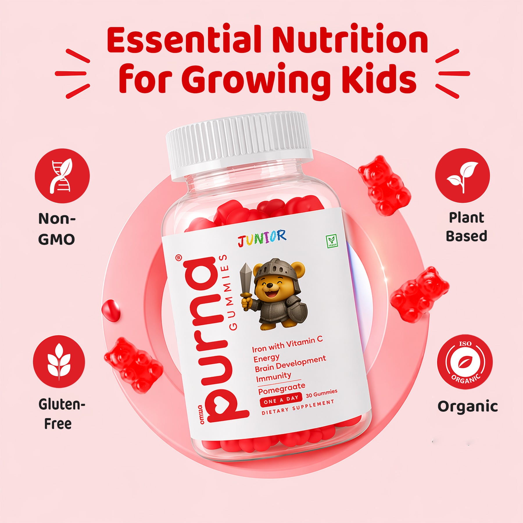 Buy 1 Get 1 Purna Junior Iron Gummies - Pomegranate Flavor | Iron with Vitamin C for Kids Energy, Brain Development & Immunity | 60 Vegan Gummies