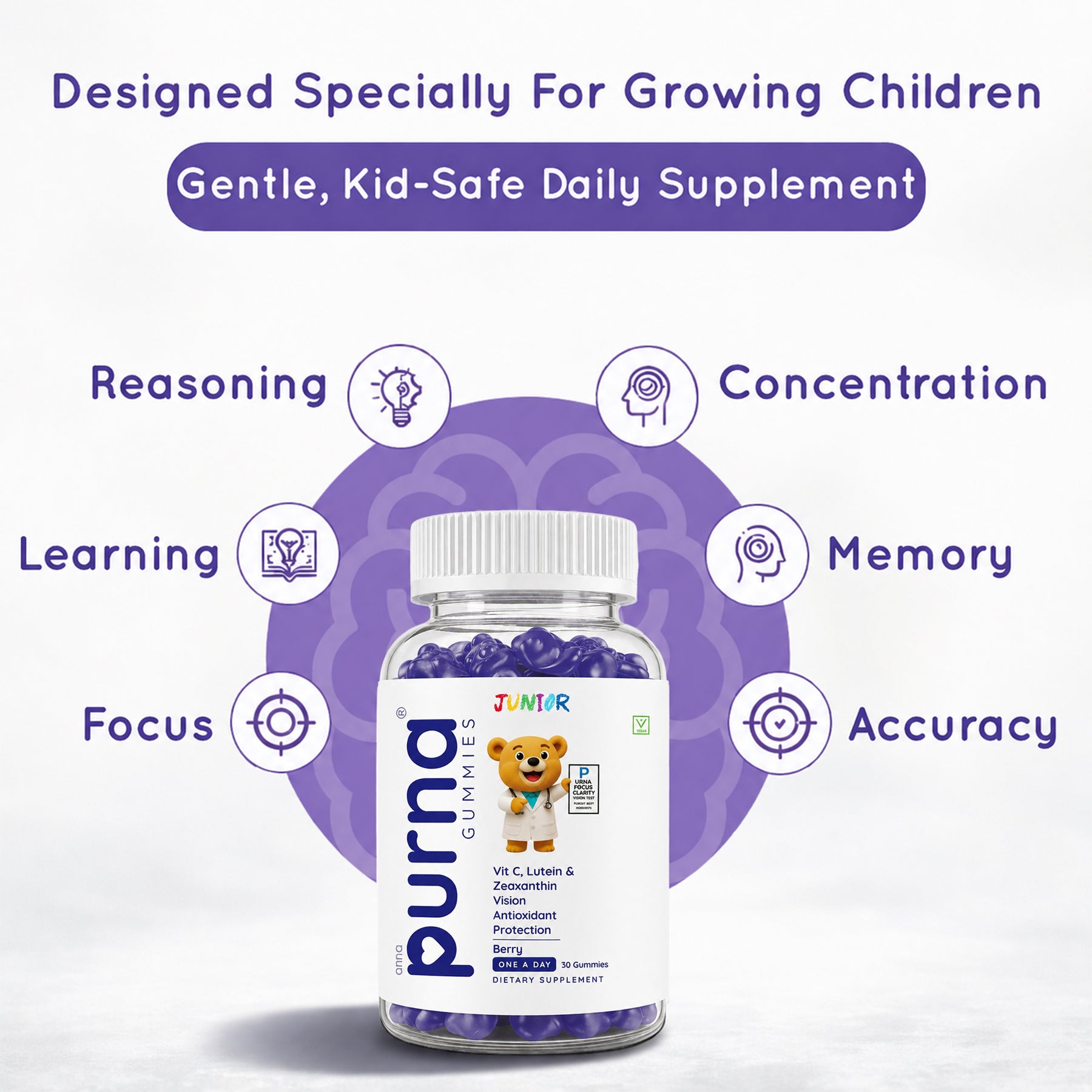 Buy 1 Get 1 Purna Junior Eye Health Gummies - Berry Flavor | Vitamin C, Lutein & Zeaxanthin for Kids Eye Health & Antioxidant Protection | 60 Vegan Gummies