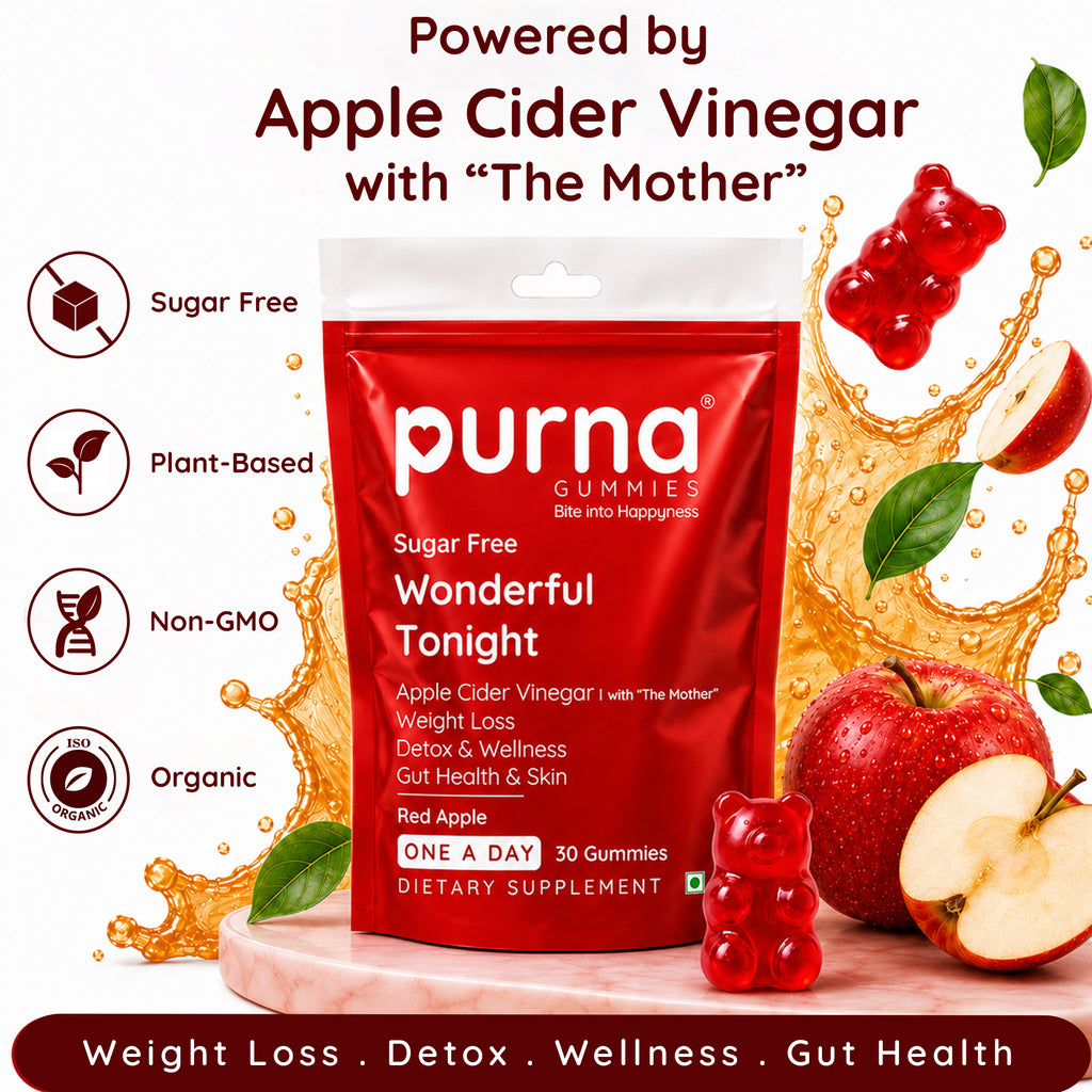 Buy 1 Get 1 Purna Apple Cider Vinegar Sugar Free Gummies - Red Apple Flavor | with The Mother for Weight Loss, Detox & Gut Health | 30 Vegan Gummies