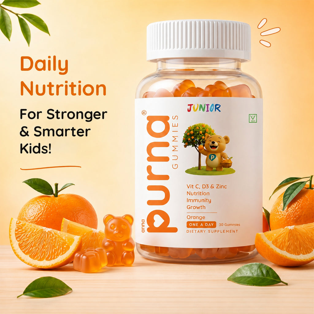 Buy 1 Get 1 Purna Junior Immunity Gummies - Orange Flavor | Vitamin C, D3 & Zinc for Kids Nutrition, Immunity & Growth | 60 Vegan Gummies