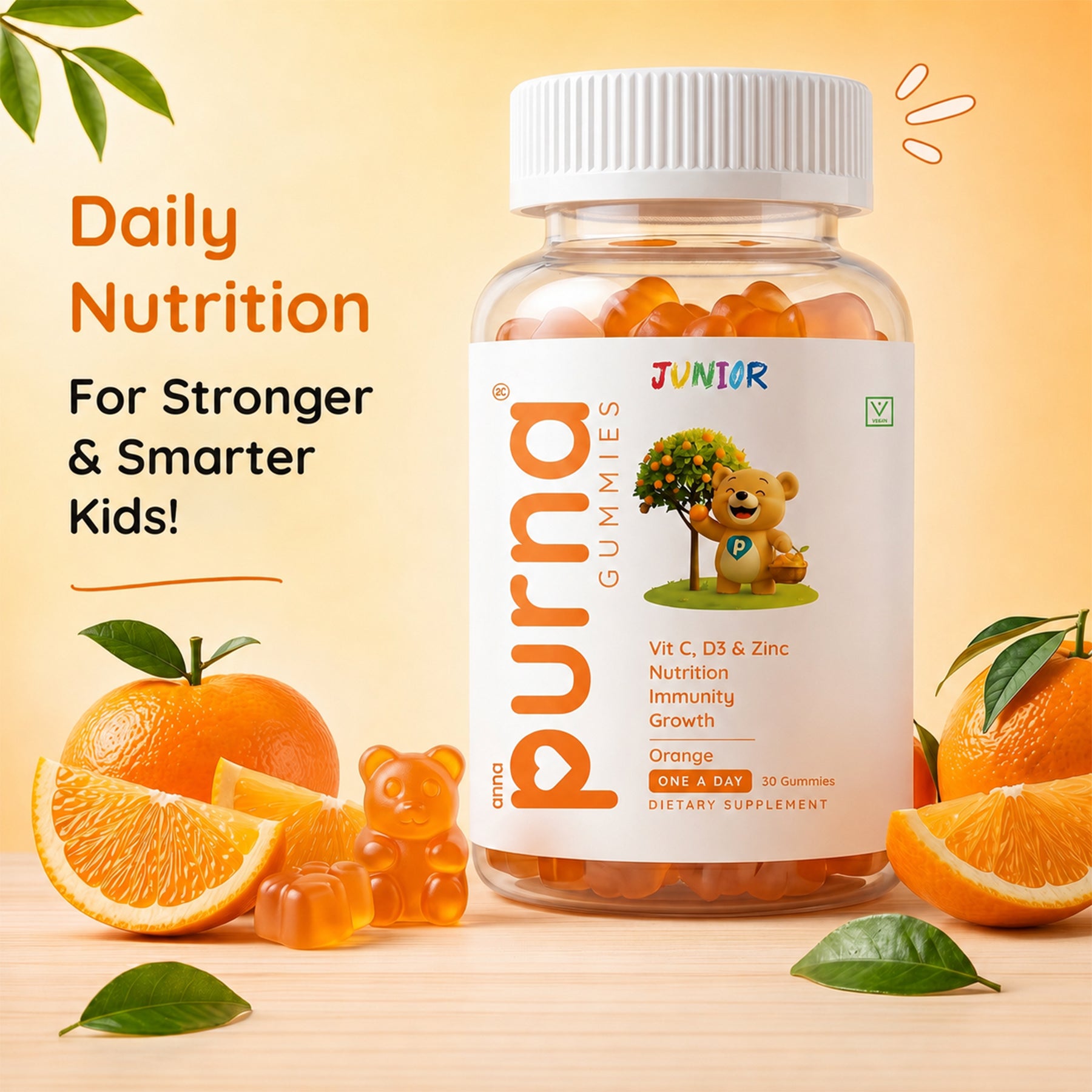 Buy 1 Get 1 Purna Junior Immunity Gummies - Orange Flavor | Vitamin C, D3 & Zinc for Kids Nutrition, Immunity & Growth | 60 Vegan Gummies