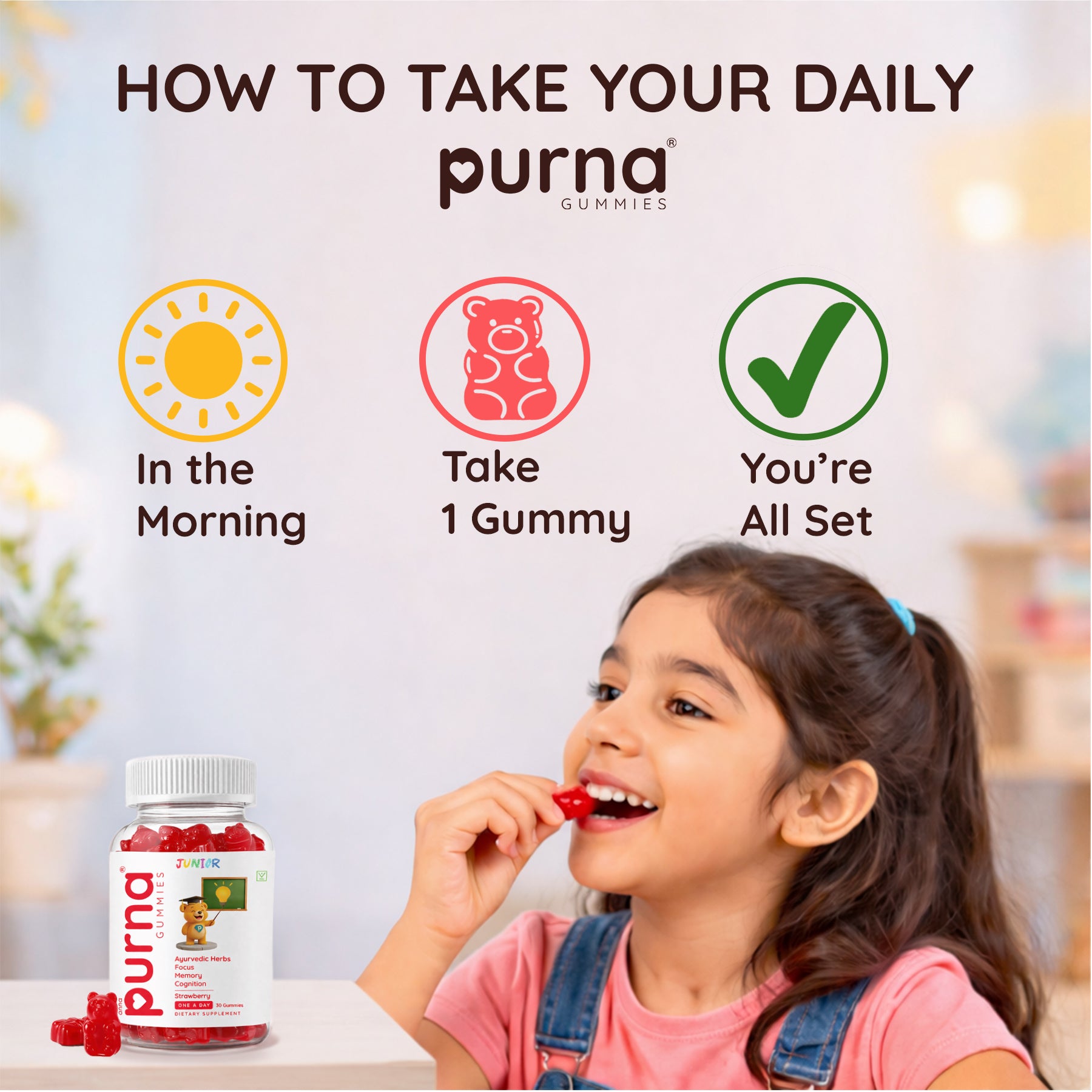 Buy 1 Get 1 Purna Junior Brain Booster Gummies - Strawberry Flavor | Ayurvedic Herbs for Kids Focus, Memory & Cognition | 60 Vegan Gummies