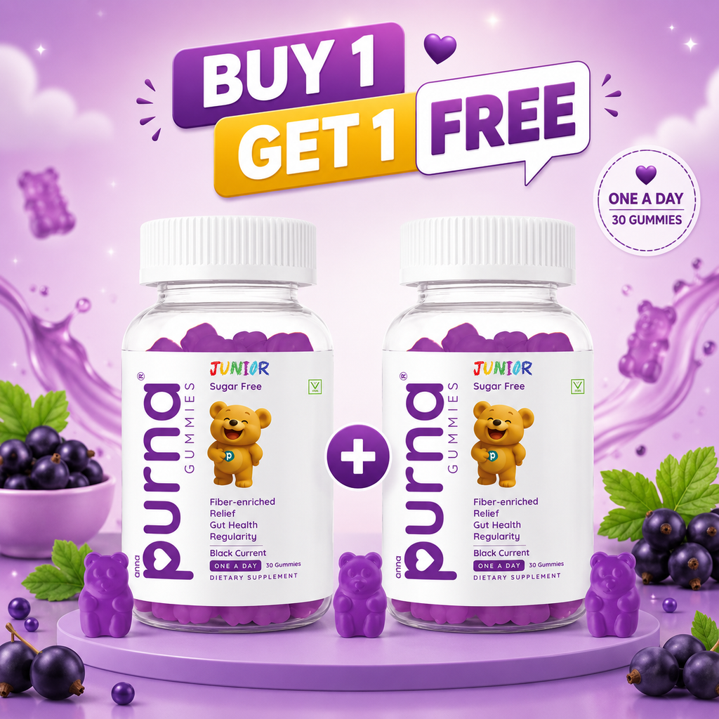Buy 1 Get 1 Purna Junior Fiber Gummies - Black Currant Flavor | Sugar-Free, Fiber-Enriched for Kids Gut Health, Relief & Regularity | 60 Vegan Gummies