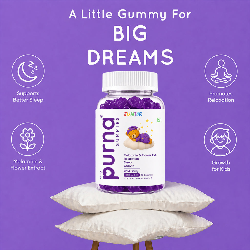 Buy 1 Get 1 Purna Junior Melatonin Gummies - Wild Berry Flavor | Melatonin & Flower Extract for Kids Sleep, Relaxation & Growth | 60 Vegan Gummies