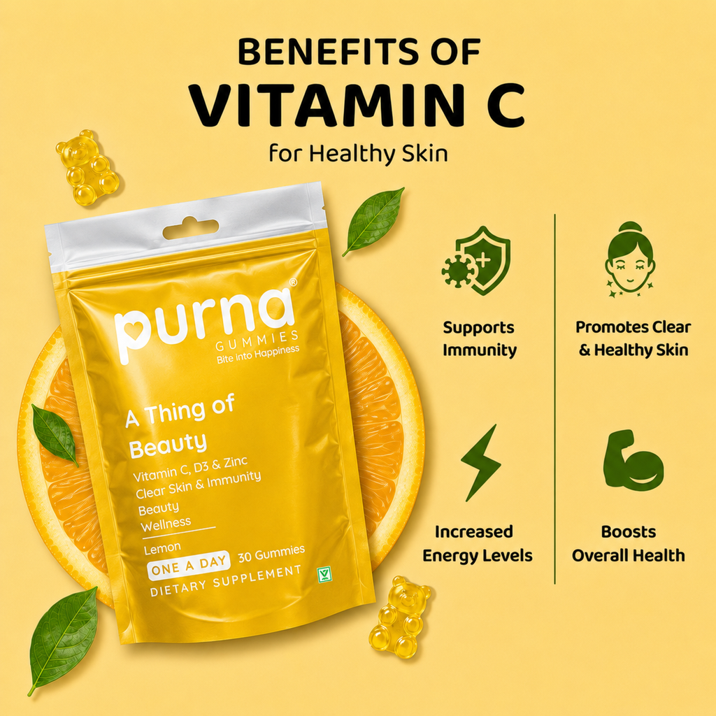 Buy 1 Get 1 Purna A Thing of Beauty Vitamin C Gummies - Lemon Flavor | Vitamin C, D3 & Zinc for Clear Skin & Immunity | 30 Vegan Gummies