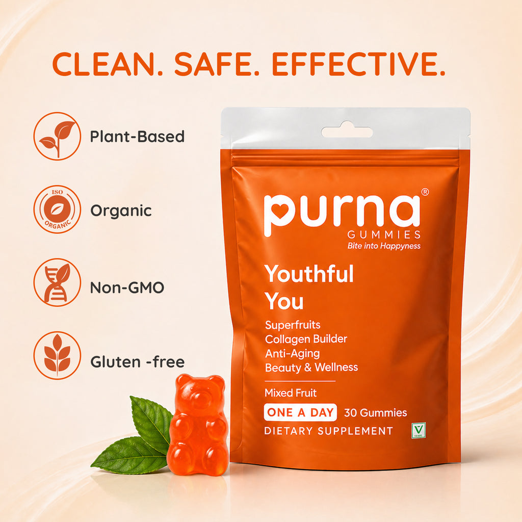 Buy 1 Get 1 Purna Youthful You Collagen Gummies - Mixed Fruit Flavor | Superfruits Collagen Builder for Anti-Aging, Beauty & Wellness | 30 Vegan Gummies