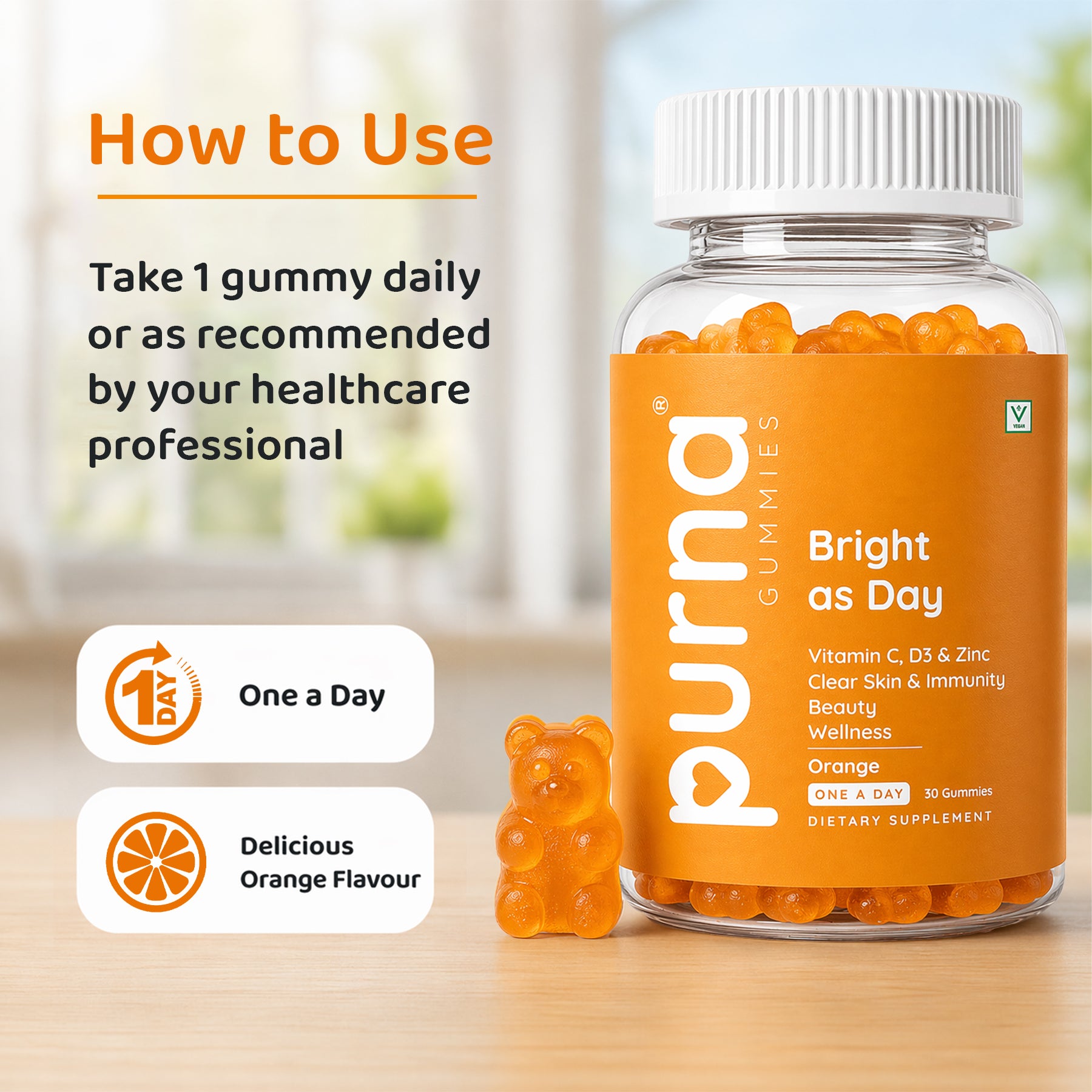 Buy 1 Get 1 Purna Bright as Day Vitamin C Gummies - Orange Flavor | Vitamin C, D3 & Zinc for Clear Skin & Immunity | 30 Vegan Gummies