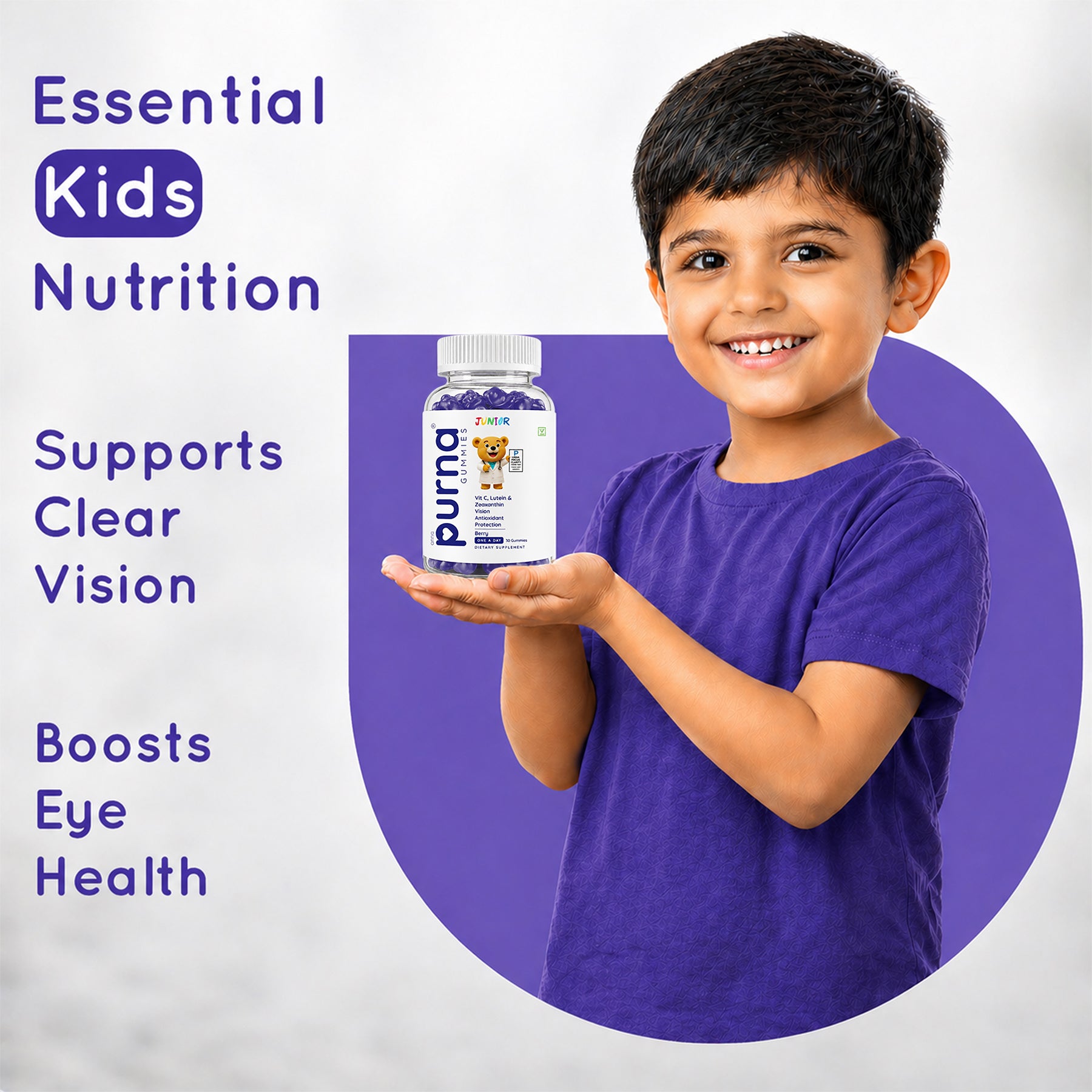 Buy 1 Get 1 Purna Junior Eye Health Gummies - Berry Flavor | Vitamin C, Lutein & Zeaxanthin for Kids Eye Health & Antioxidant Protection | 60 Vegan Gummies