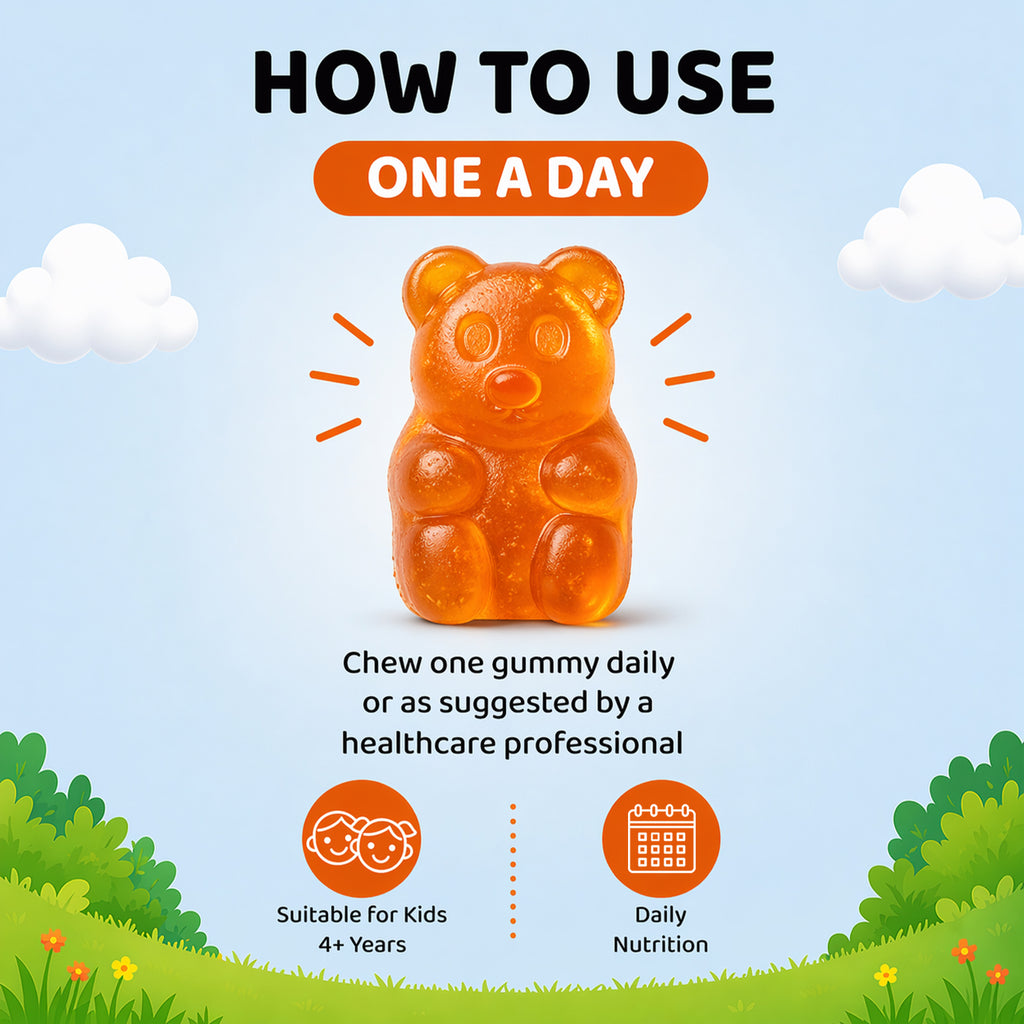 Buy 1 Get 1 Purna Junior Immunity Gummies - Orange Flavor | Vitamin C, D3 & Zinc for Kids Nutrition, Immunity & Growth | 60 Vegan Gummies