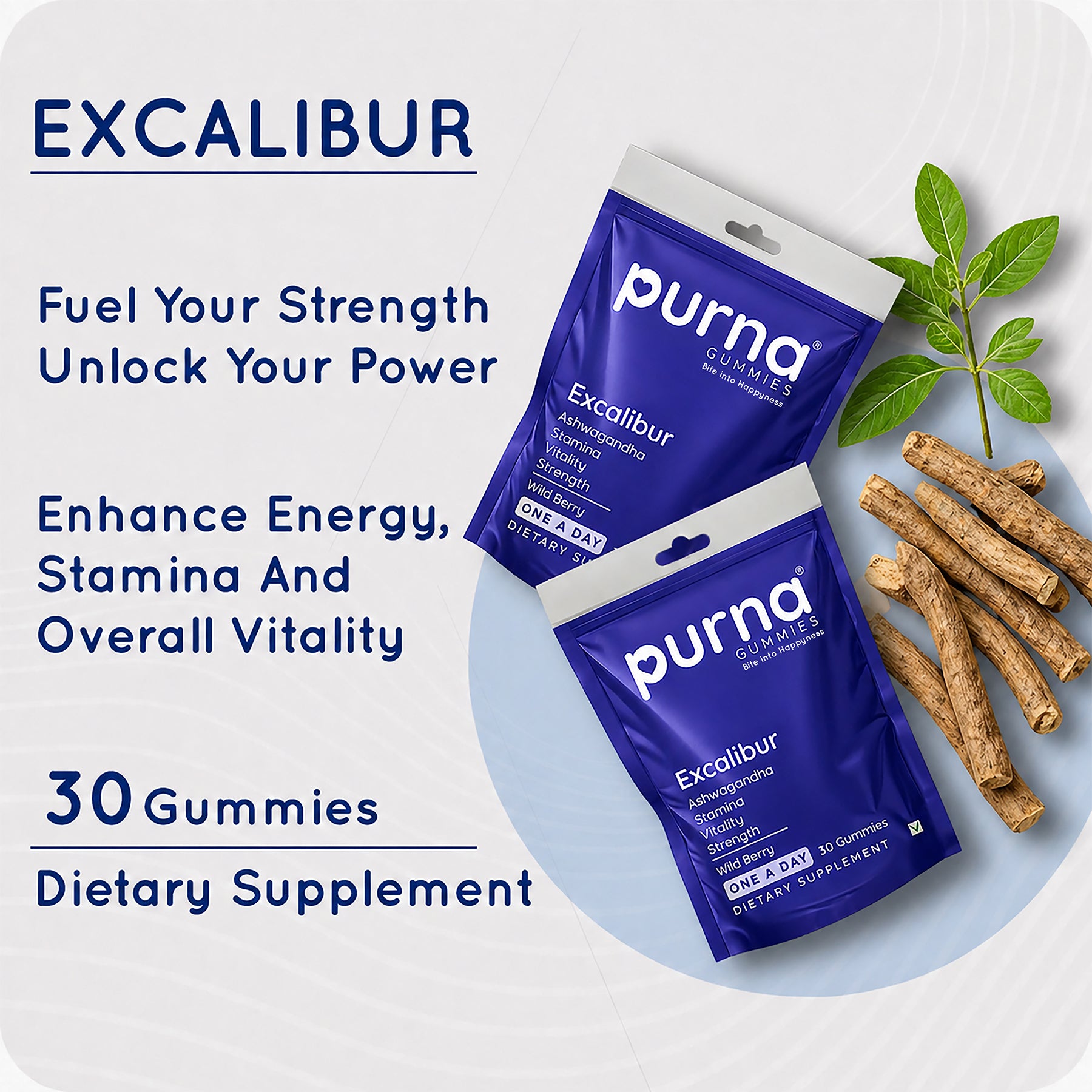 Buy 1 Get 1 Purna Excalibur Ashwagandha Gummies - Wild Berry Flavor | Stamina, Vitality & Strength Support | 30 Vegan Gummies