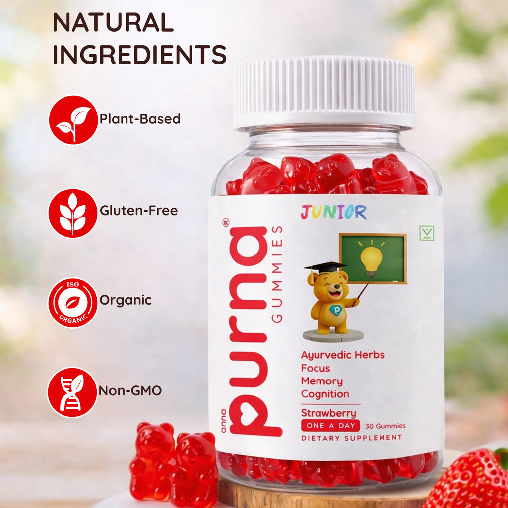 Buy 1 Get 1 Purna Junior Brain Booster Gummies - Strawberry Flavor | Ayurvedic Herbs for Kids Focus, Memory & Cognition | 60 Vegan Gummies