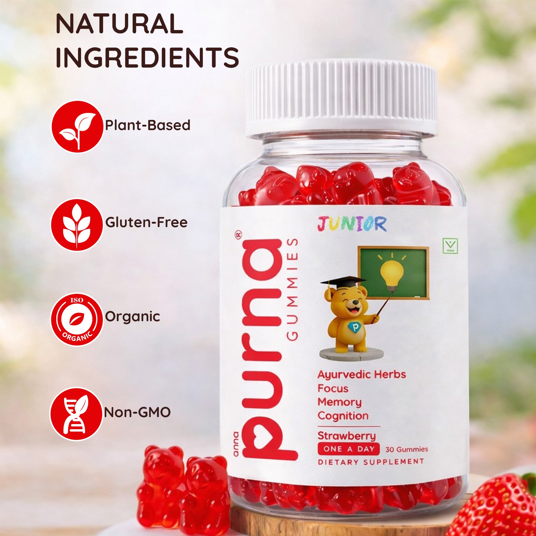 Buy 1 Get 1 Purna Junior Brain Booster Gummies - Strawberry Flavor | Ayurvedic Herbs for Kids Focus, Memory & Cognition | 60 Vegan Gummies