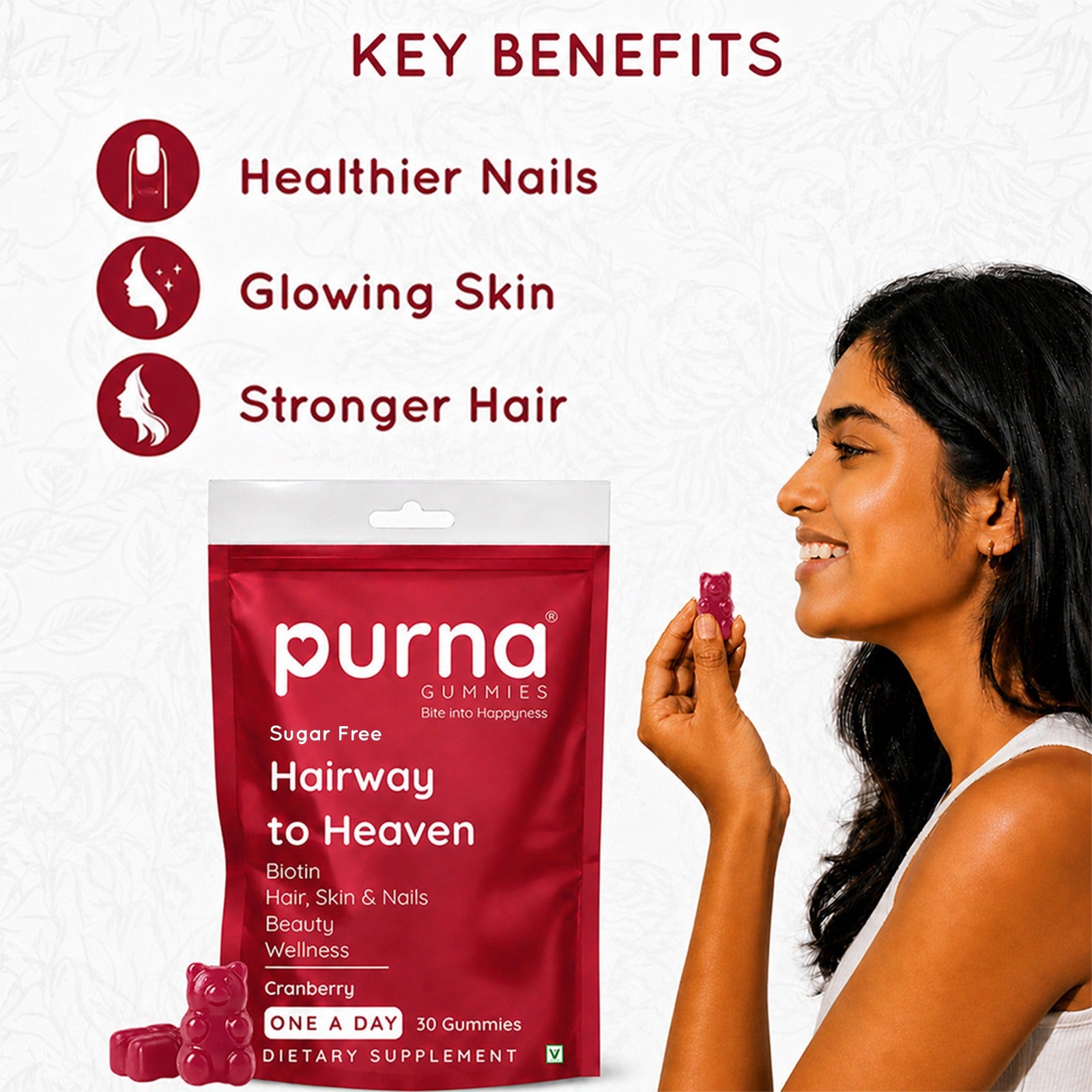 Buy 1 Get 1 Purna Hairway to Heaven Sugar Free Biotin Gummies - Cranberry Flavor | Hair, Skin & Nails Support | 30 Vegan Gummies