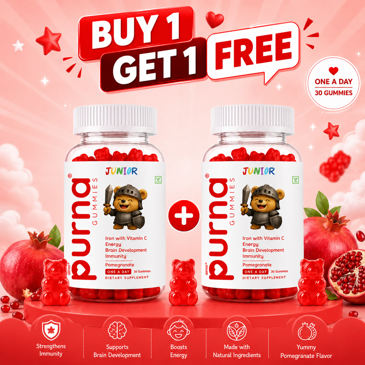 Buy 1 Get 1 Purna Junior Iron Gummies - Pomegranate Flavor | Iron with Vitamin C for Kids Energy, Brain Development & Immunity | 60 Vegan Gummies