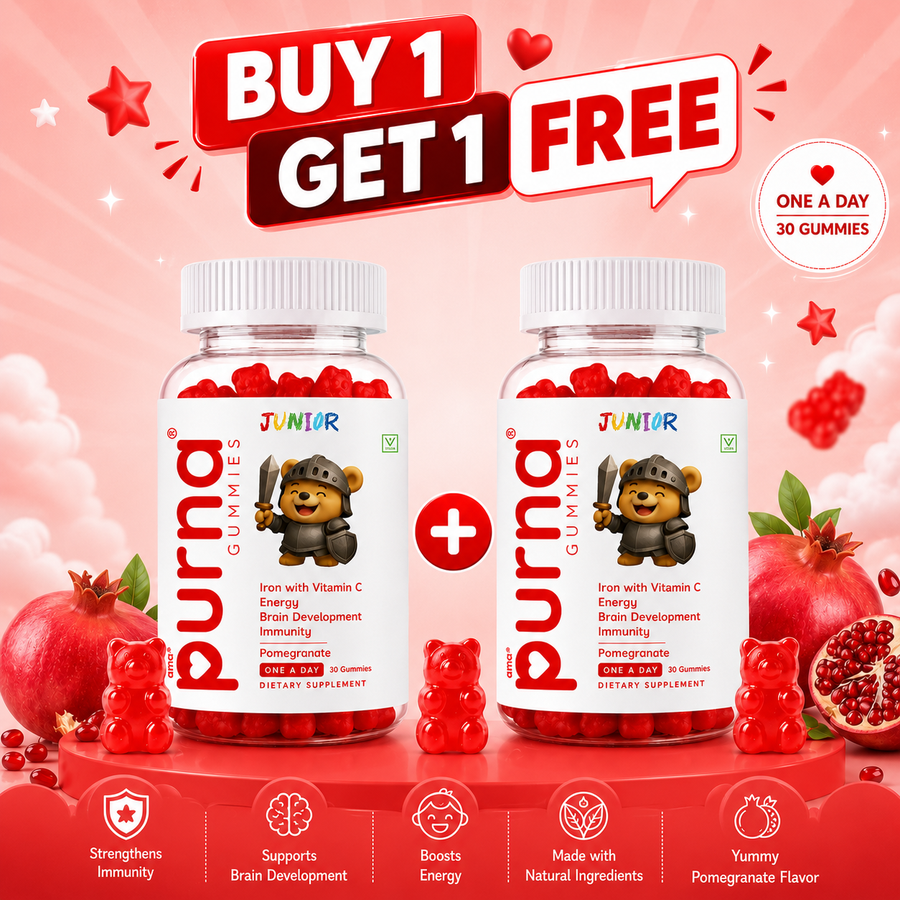 Buy 1 Get 1 Purna Junior Iron Gummies - Pomegranate Flavor | Iron with Vitamin C for Kids Energy, Brain Development & Immunity | 60 Vegan Gummies