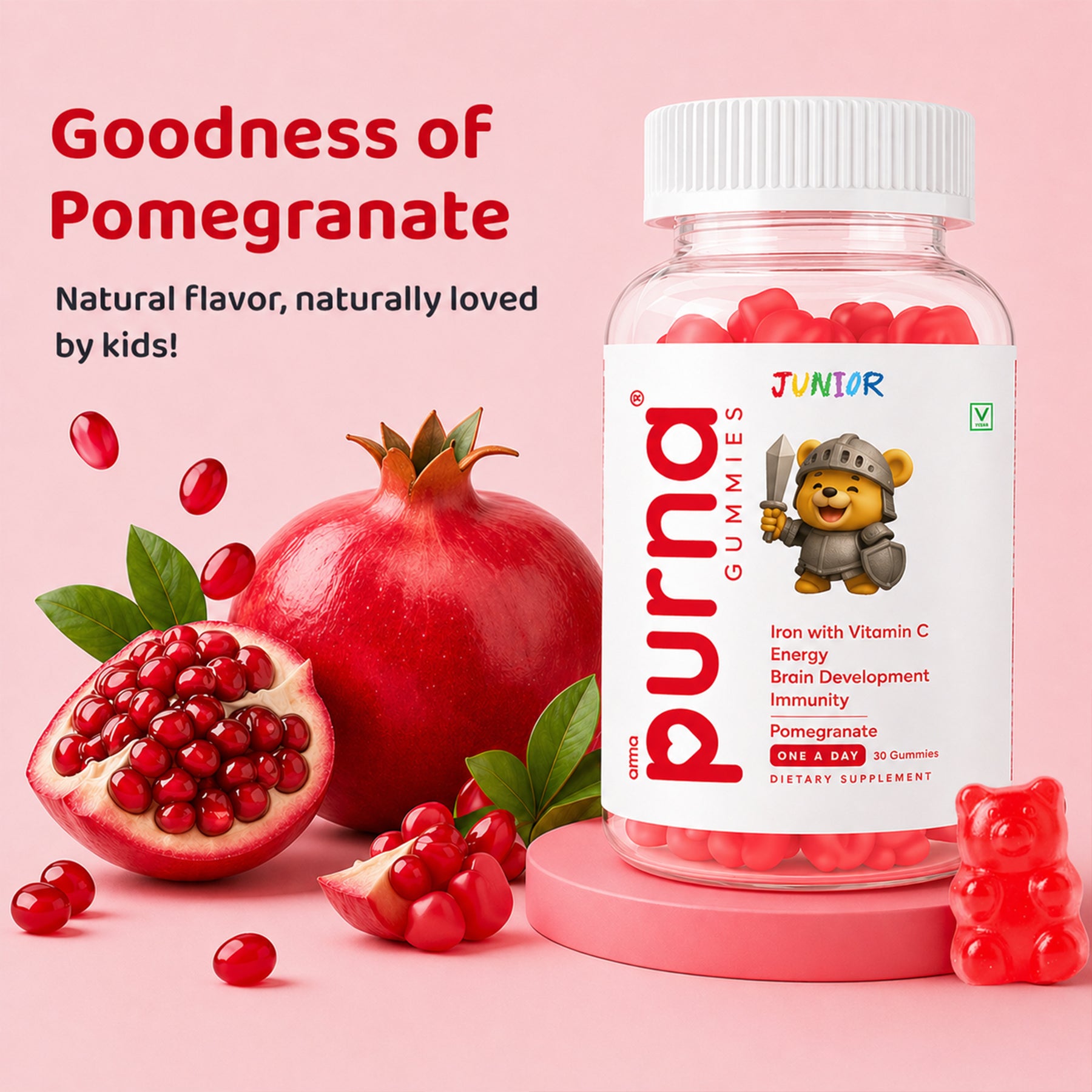 Buy 1 Get 1 Purna Junior Iron Gummies - Pomegranate Flavor | Iron with Vitamin C for Kids Energy, Brain Development & Immunity | 60 Vegan Gummies